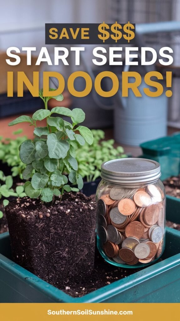 A photo of a jar filled with coins next to a thriving plant. The plant is growing in a pot, which is placed on a wooden board. The board is placed on the ground. There is a pink flower blooming on the plant. The background contains gardening tools such as a trowel, a watering can, and a plant pot. The overall image has rich and vibrant colors. There is a bold text overlay with the text "Save $$$ Start Seeds Indoors!". The footer contains the text "SouthernSoilSunshine.com".