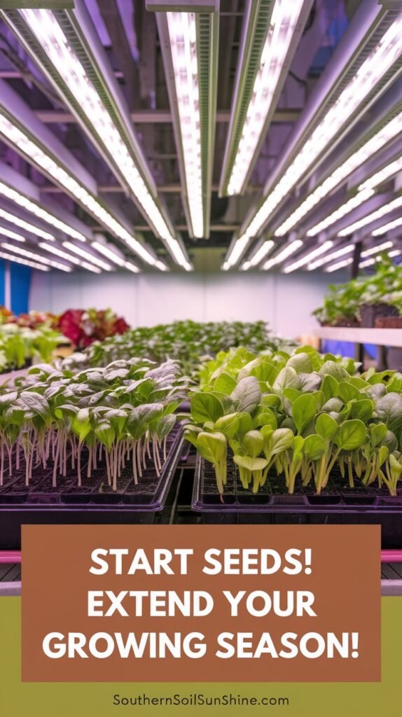 A vibrant indoor garden filled with young plants. The setup includes trays with neatly arranged seedlings, thriving under bright artificial lights. The environment is perfect for nurturing plants from seed to seedling. The background contains a variety of plants, including ferns, succulents, and flowering plants. The overall image has rich and vibrant colors. There is bold text overlay (pinterest style) that says, "Start Seeds! Extend Your Growing Season!". The footer contains the text "SouthernSoilSunshine.com".