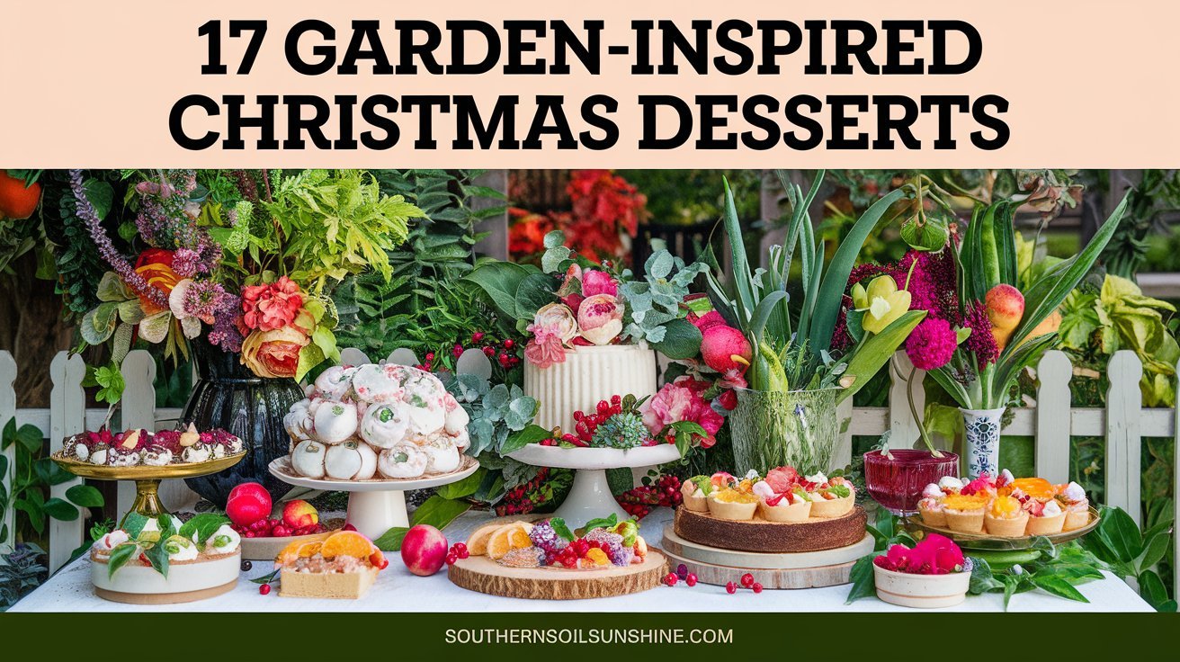 A photo of a garden-inspired dessert table with a Christmas theme. There are floral pavlovas, peach thyme sorbets, and citrus basil tarts. The table is covered with a white cloth and is placed on a wooden platform. There are fresh herbs, colorful fruits, and subtle floral decorations around the table. The background contains a few chairs. There is a bold text overlay at the top with the title "17 Garden-Inspired Christmas Desserts". There is a footer with "SouthernSoilSunshine.com".