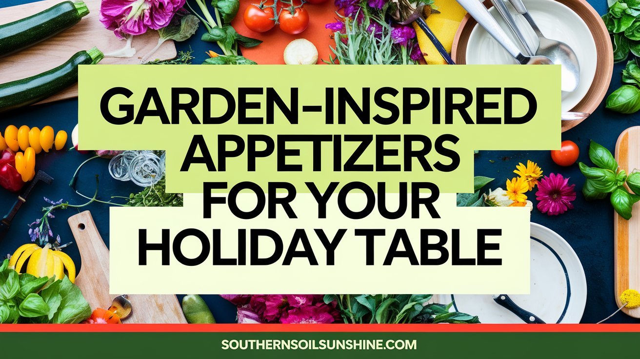 A Pinterest-style image with the bold text overlay "Garden-Inspired Appetizers for Your Holiday Table". The background contains fresh vegetables, herbs, and flowers. There are zucchini, tomatoes, and basil on a wooden cutting board. A serving dish with stuffed zucchini is placed next to the board. The background is a lush garden with greenery and flowers. The footer contains the text "SouthernSoilSunshine.com".