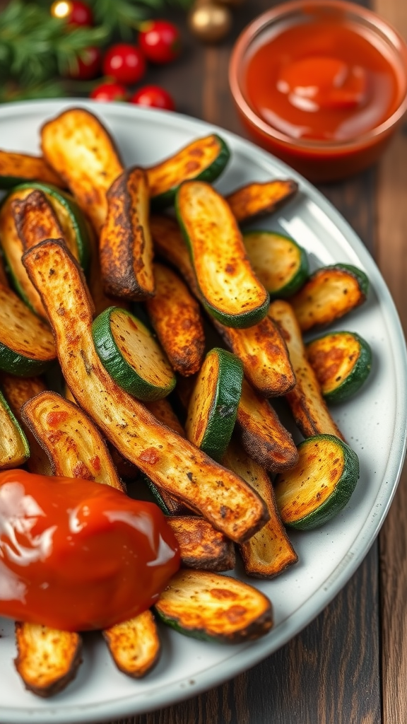 Plate of baked zucchini fries with marinara dip on the side