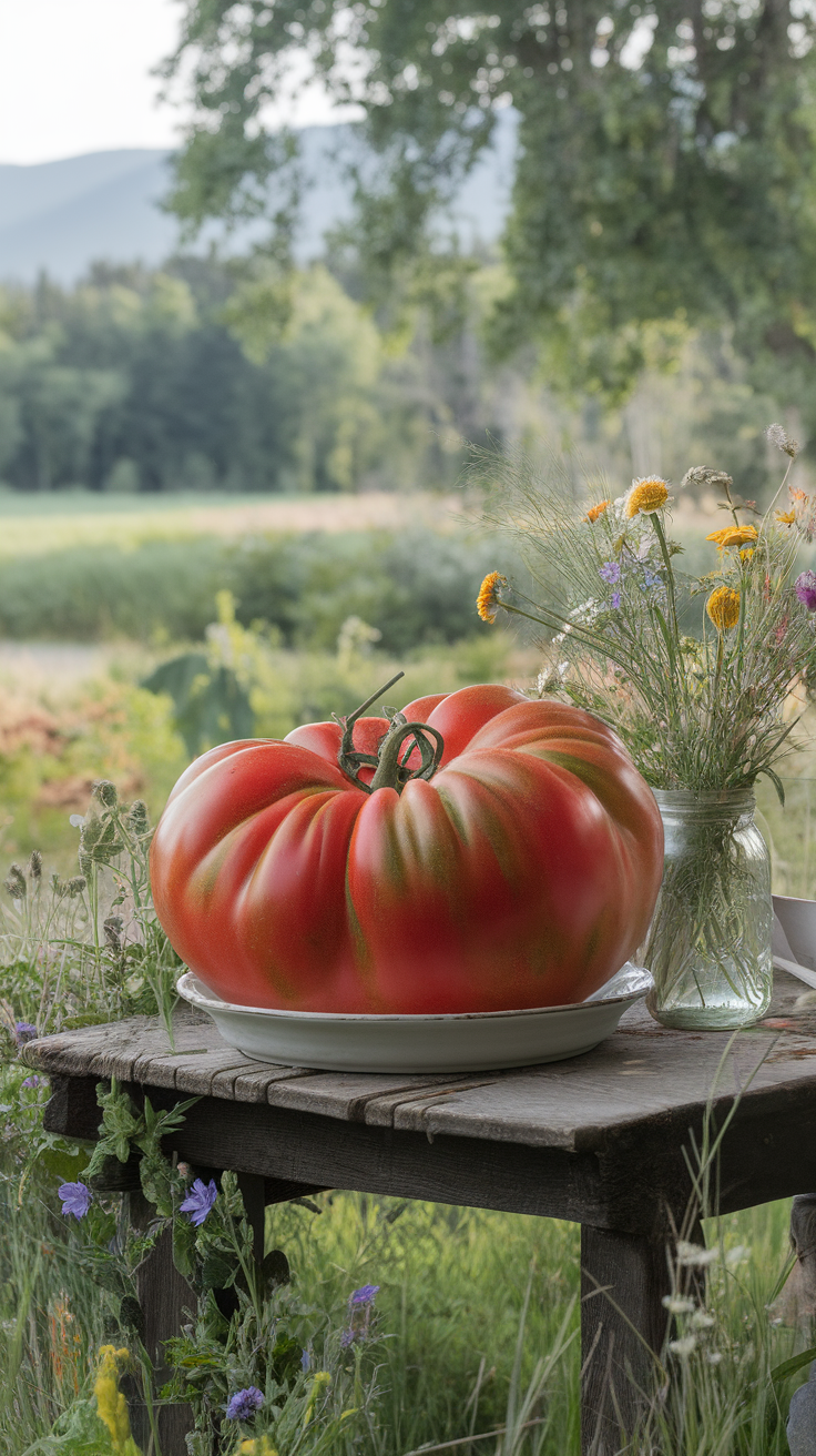 A large Brandywine tomato on a plate with a rustic background