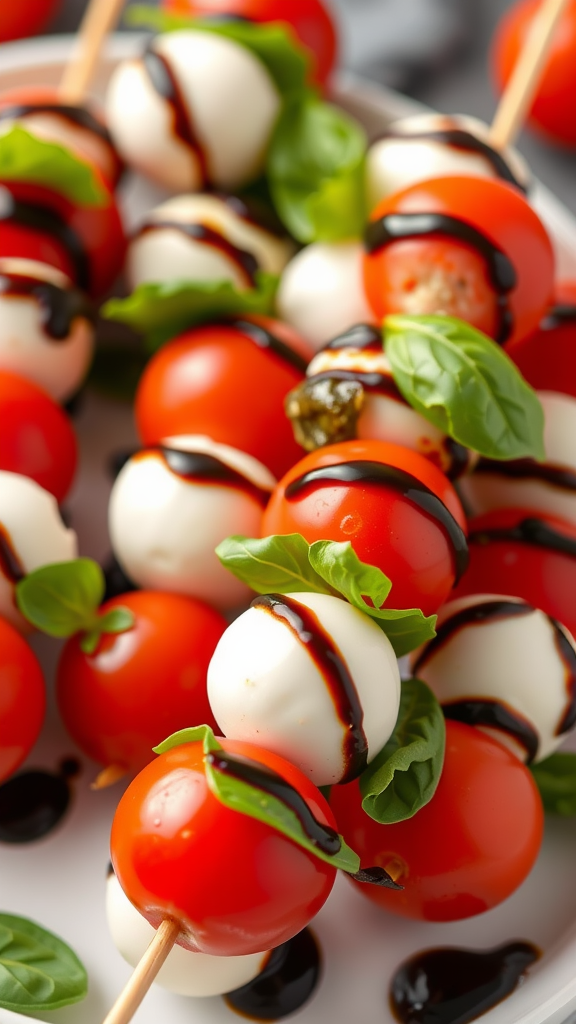 Close-up of Caprese skewers with tomatoes, mozzarella, basil, and balsamic glaze