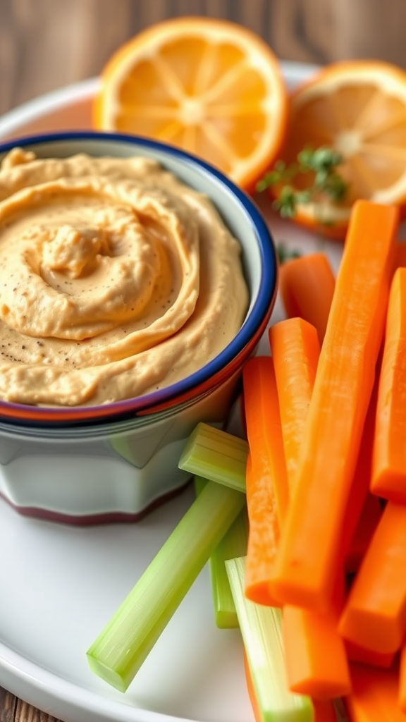 A plate featuring carrot and celery sticks alongside a bowl of hummus, garnished with lemon slices.