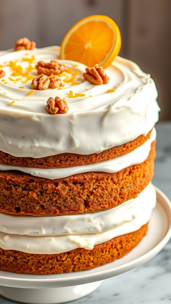 A three-layer carrot cake topped with cream cheese frosting, garnished with walnuts and an orange slice.