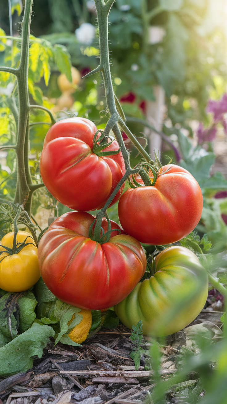 A cluster of ripe tomatoes in a garden, with red, yellow, and green varieties visible.