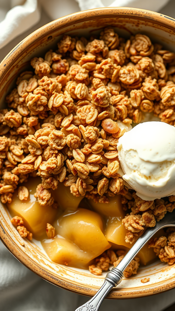 A bowl of chamomile apple crisp topped with granola and a scoop of vanilla ice cream.