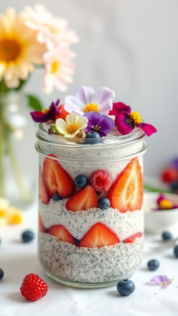 A vibrant jar of chia seed pudding layered with fresh berries and topped with edible flowers.