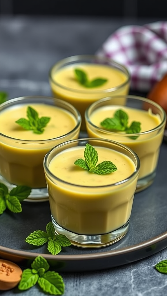 Four glasses of chilled avocado and pea soup garnished with mint leaves