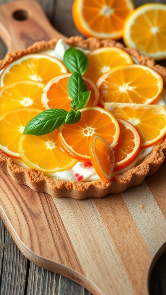 A beautifully arranged Citrus Basil Tart with orange slices and fresh basil on top.