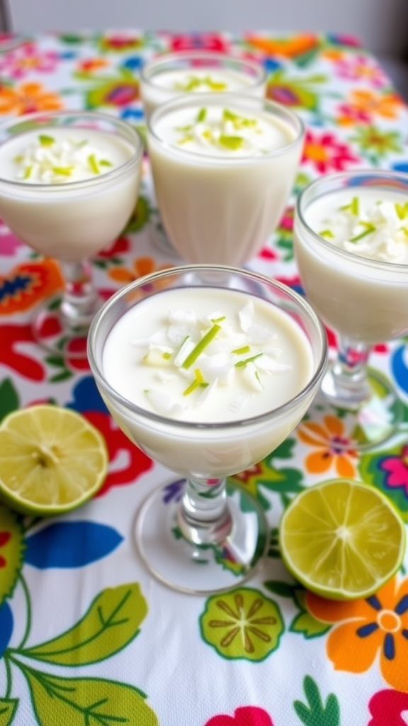 Coconut Lime Mousse in glass cups, garnished with lime zest on a colorful floral tablecloth