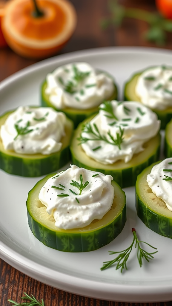 Cucumber slices topped with dill cream cheese and garnished with fresh herbs.