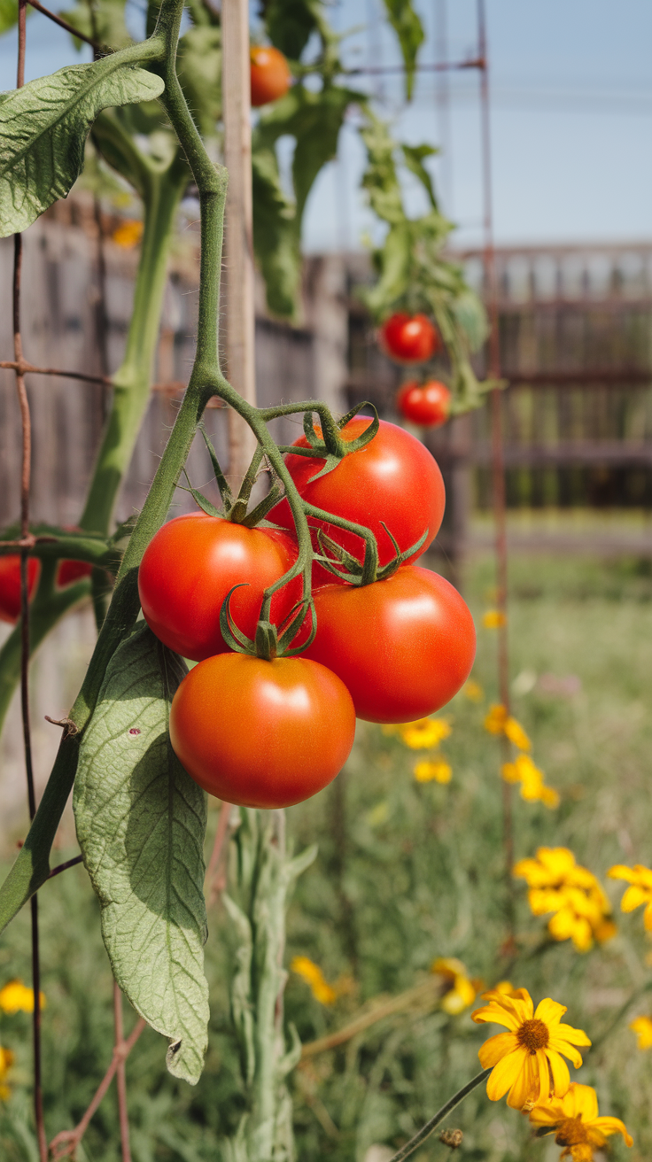 Bright red Early Girl tomatoes growing on a vine with yellow flowers in the background.