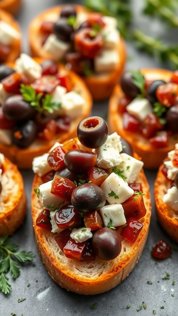 Crostini topped with feta, olives, and tapenade garnished with herbs.