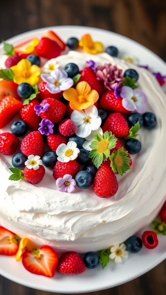 A floral pavlova topped with fresh berries and edible flowers on a white plate.