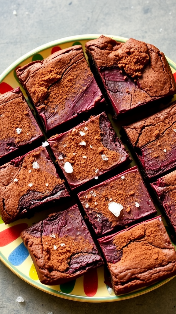 A plate of garden beet brownies cut into squares, topped with cocoa powder and sea salt.