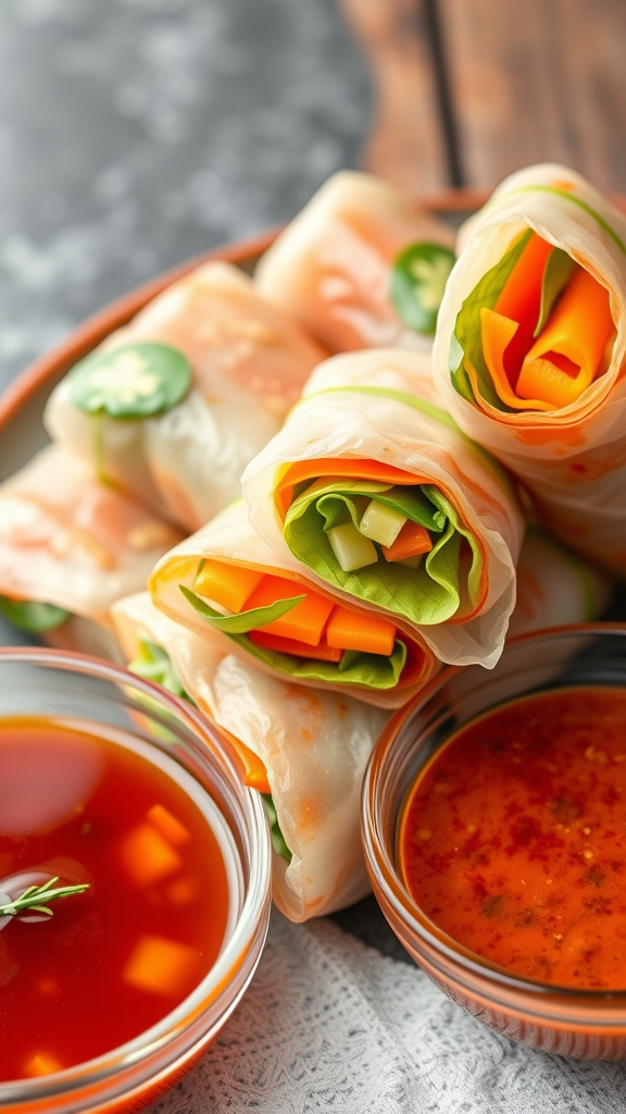 A plate of garden vegetable spring rolls with dipping sauces