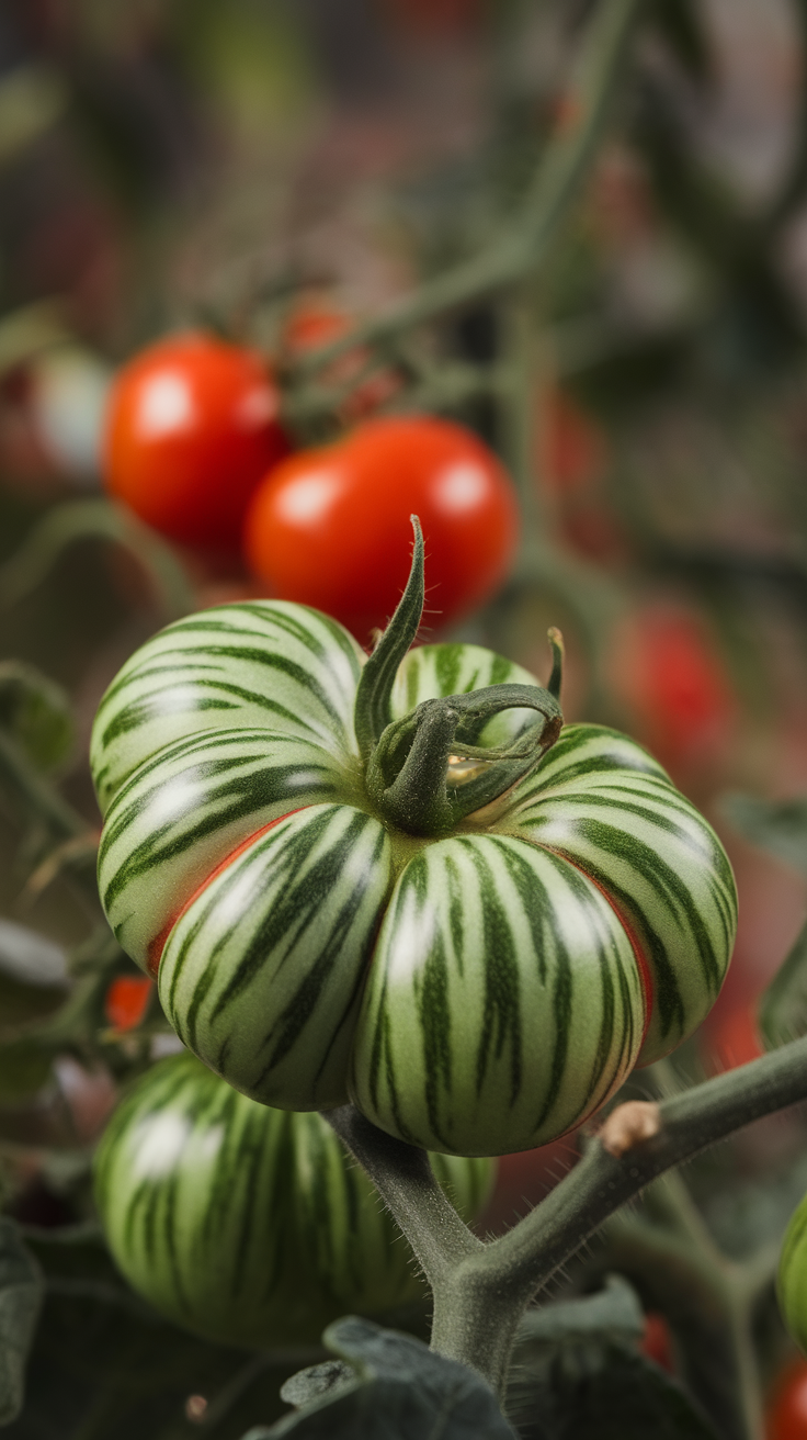 A close-up of green striped tomatoes on a vine, with red tomatoes in the background.