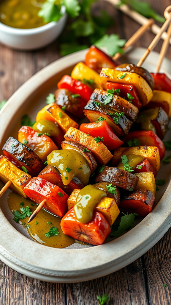 Colorful grilled vegetable skewers drizzled with sauce on a plate.