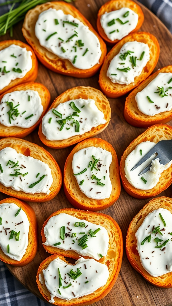 A close-up of herb-infused goat cheese crostini on a wooden platter.