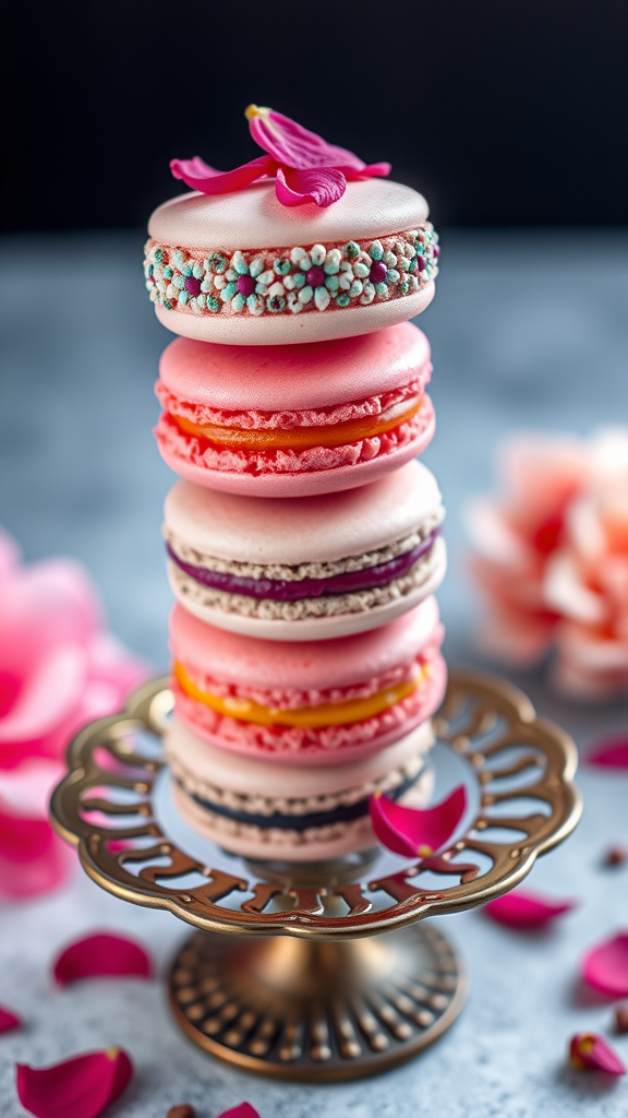 A stack of colorful hibiscus macarons on an ornate stand, surrounded by flower petals.