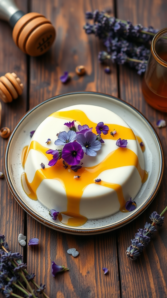 A beautifully presented Lavender Honey Panna Cotta topped with honey and edible flowers, surrounded by fresh lavender.