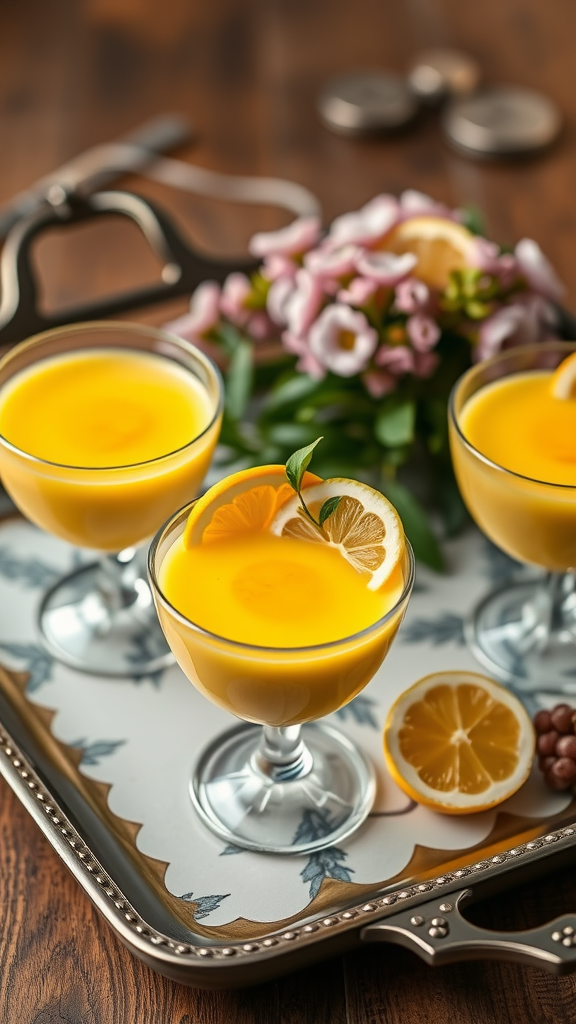 Three Lemon Verbena Custard Cups garnished with lemon slices on a decorative tray