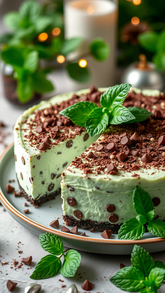 A mint chocolate chip cheesecake with a slice removed, garnished with mint leaves and chocolate chips, set against a cozy background.