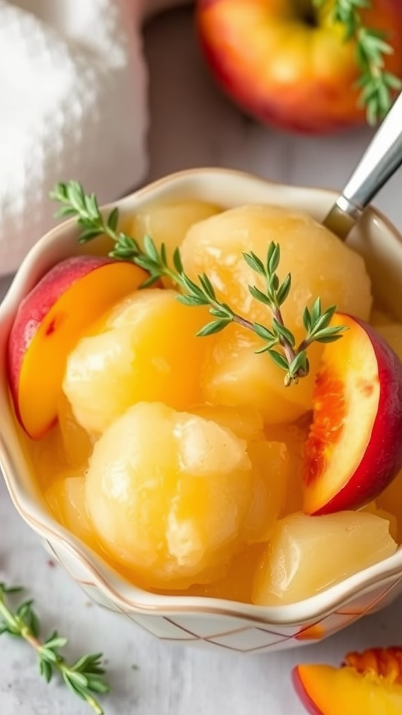 Bowl of peach thyme sorbet with peach slices and thyme sprigs