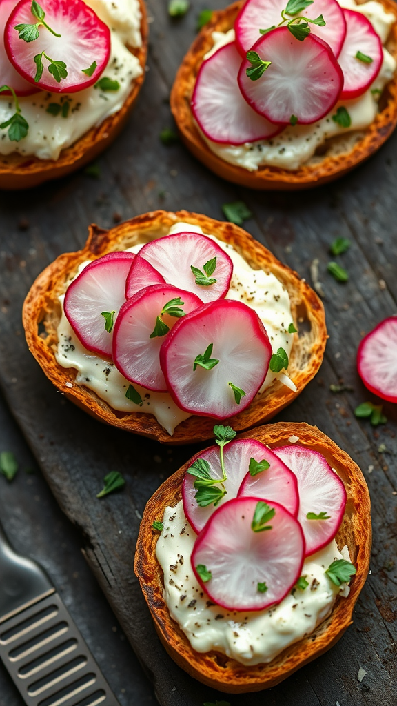 A close-up of radish and herb butter toasts, beautifully arranged with sliced radishes and herbs.