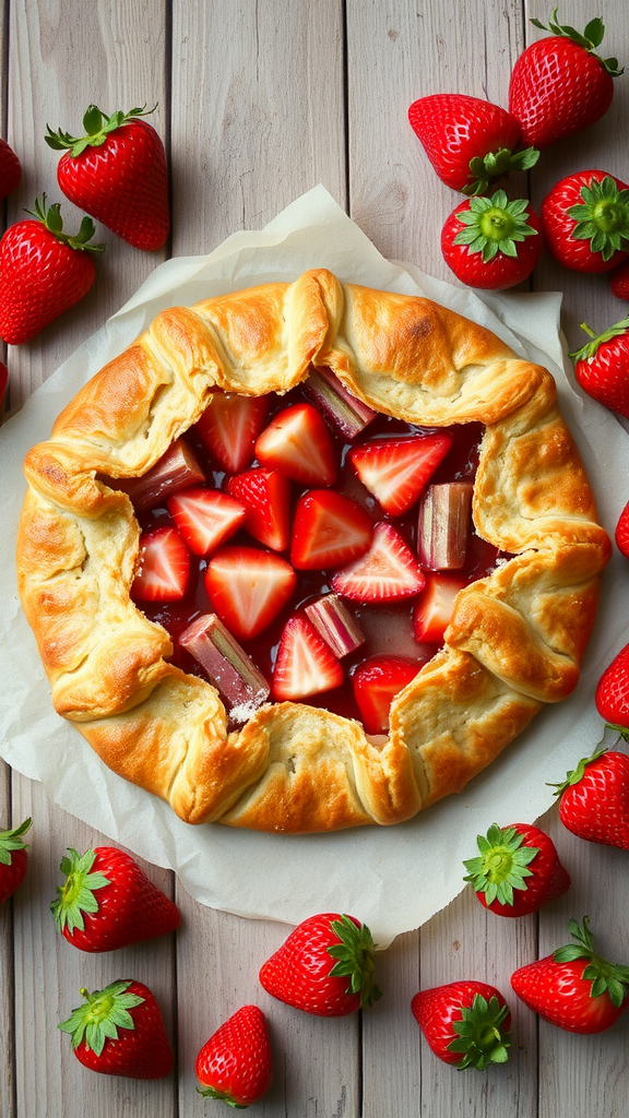 A freshly baked rhubarb strawberry galette surrounded by ripe strawberries