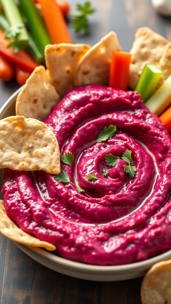 Bowl of roasted beet hummus surrounded by pita chips and fresh vegetables