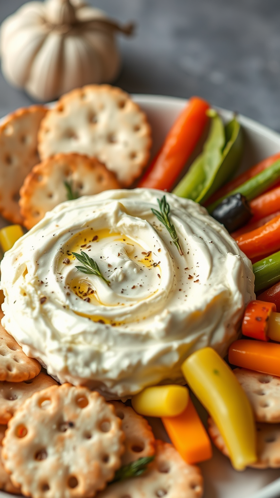 A plate featuring a creamy roasted garlic and herb cheese spread surrounded by colorful vegetables and crackers.