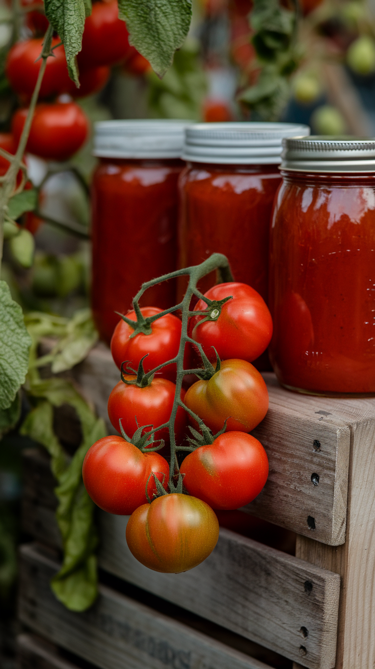 A cluster of Roma tomatoes with jars of tomato sauce in the background, showcasing their vibrant red color and perfect for canning.