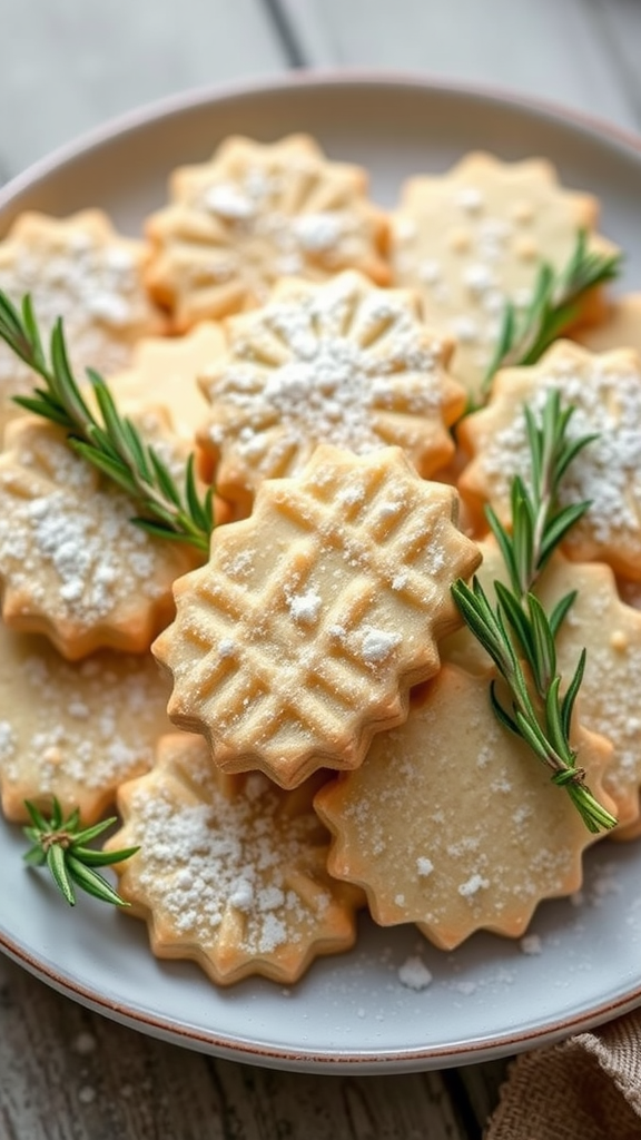 Plate of rosemary infused shortbread cookies with powdered sugar and sprigs of rosemary