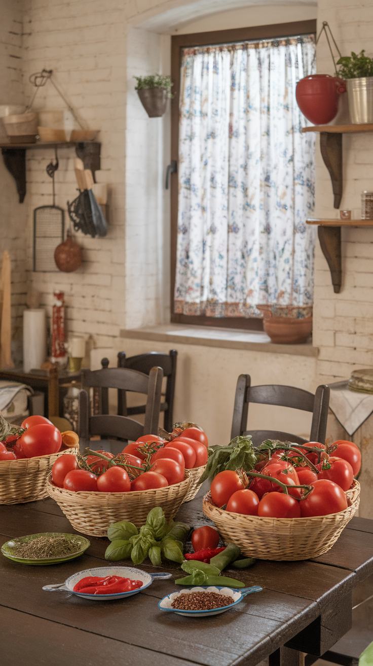 A rustic kitchen table filled with fresh San Marzano tomatoes in baskets, along with herbs and spices.