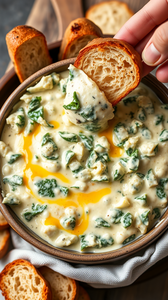 A creamy spinach and artichoke dip in a bowl with toasted bread for dipping.