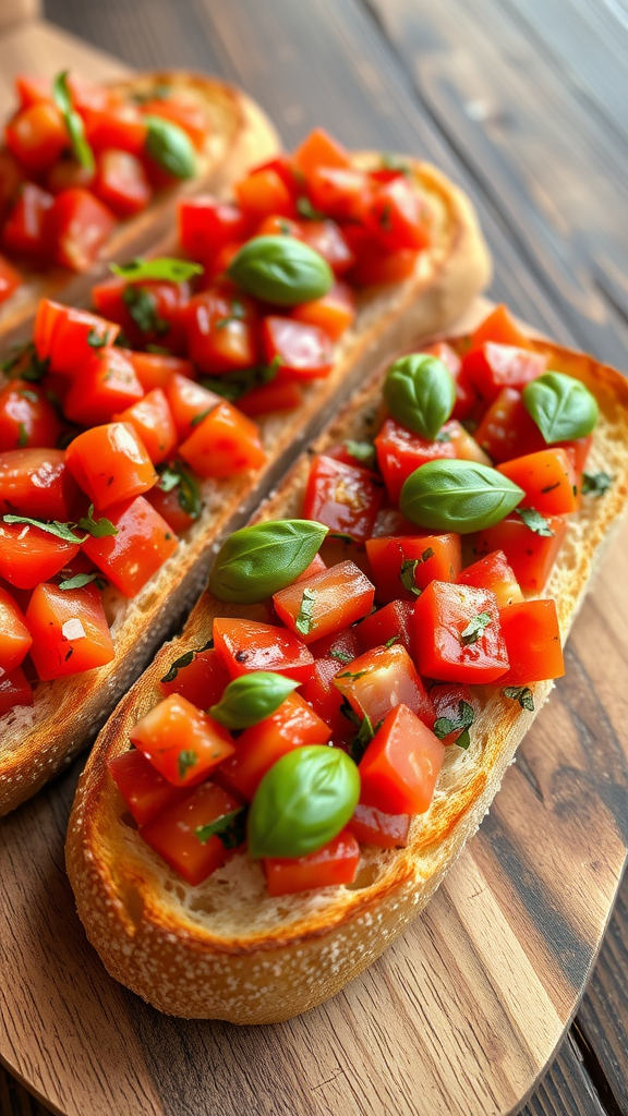 Bruschetta topped with diced tomatoes and basil on toasted bread