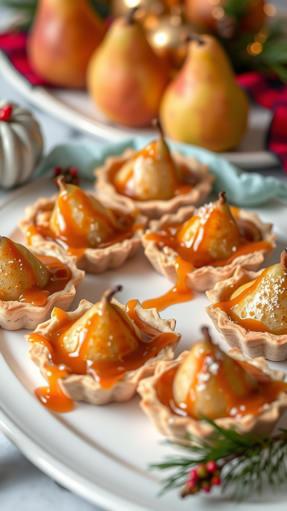 A plate of spiced pear tarts topped with caramel sauce and garnished with seasonal decor.