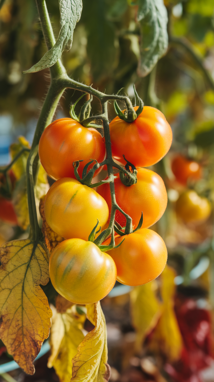 A close-up of yellow cherry tomatoes on the vine, surrounded by green leaves.