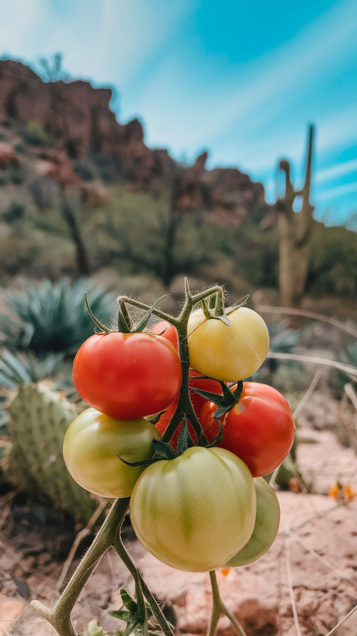 A close-up image of Texas wild tomatoes, showcasing red and green fruits against a desert backdrop.