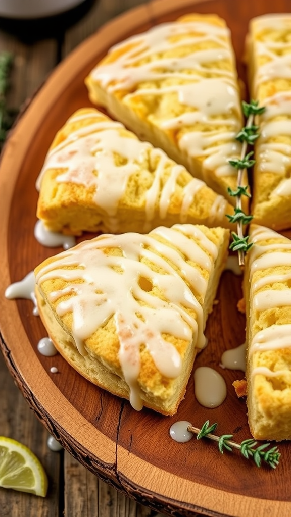 Golden thyme lemon scones drizzled with glaze on a wooden platter.