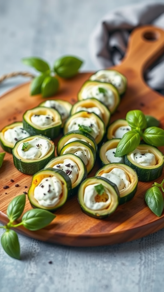 Zucchini roll-ups filled with ricotta and basil on a wooden platter