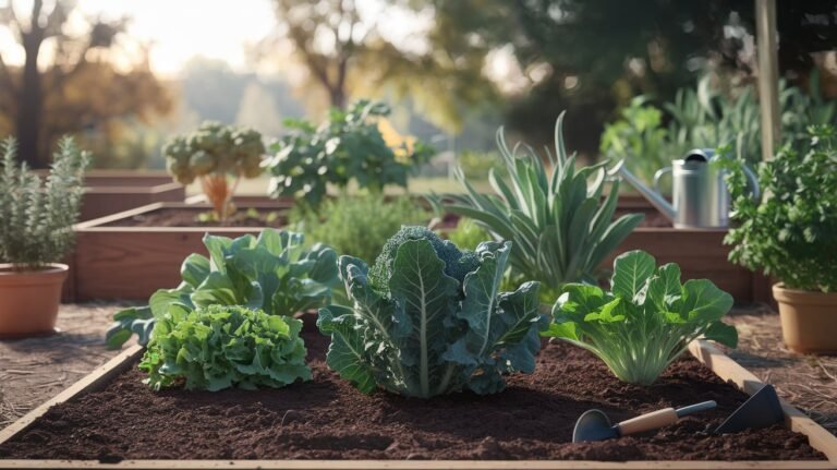 A photo of a garden with raised beds and in-ground planting areas. There are cool-season crops like kale, broccoli, and lettuce growing in the rich, dark soil. The garden is framed by potted herbs like rosemary and parsley. In the background, soft sunlight filters through leafy trees, creating a warm and inviting atmosphere. A watering can and a small trowel rest near the garden beds, adding a subtle touch of action and practicality. The overall color palette highlights natural greens, earthy browns, and soft sunlight, evoking the essence of a productive and serene Zone 9 garden.