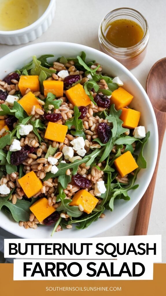 A farro salad with roasted butternut squash, arugula, cranberries, and feta cheese.