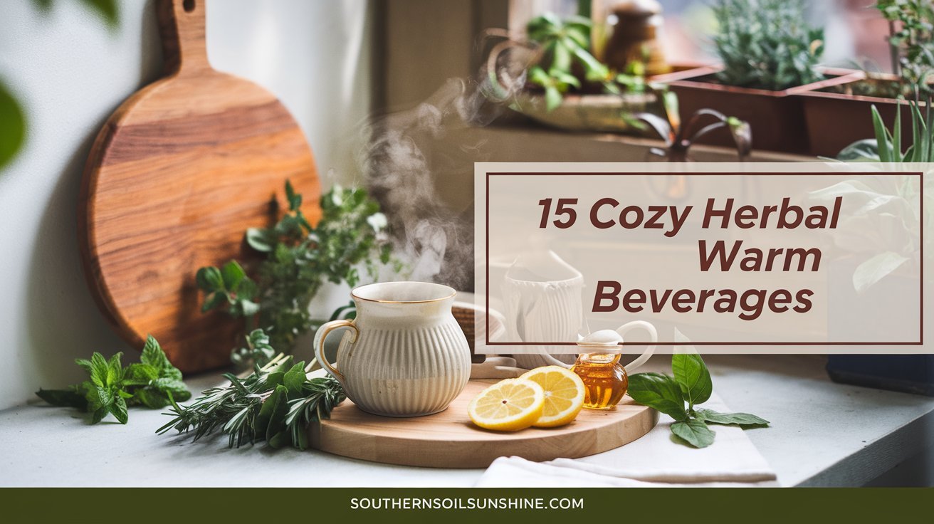 A soft-focus view of a garden nook with a cozy kitchen corner in the background. There's a wooden cutting board with fresh herbs like mint, rosemary, and basil. In the foreground, there's a tea set with a steaming mug. There are lemon slices and a small honey pot next to the mug. The background contains a cozy kitchen corner with a vintage-style stove, a wooden shelf with cooking utensils, and a few potted plants. The overall image has a warm, inviting atmosphere.