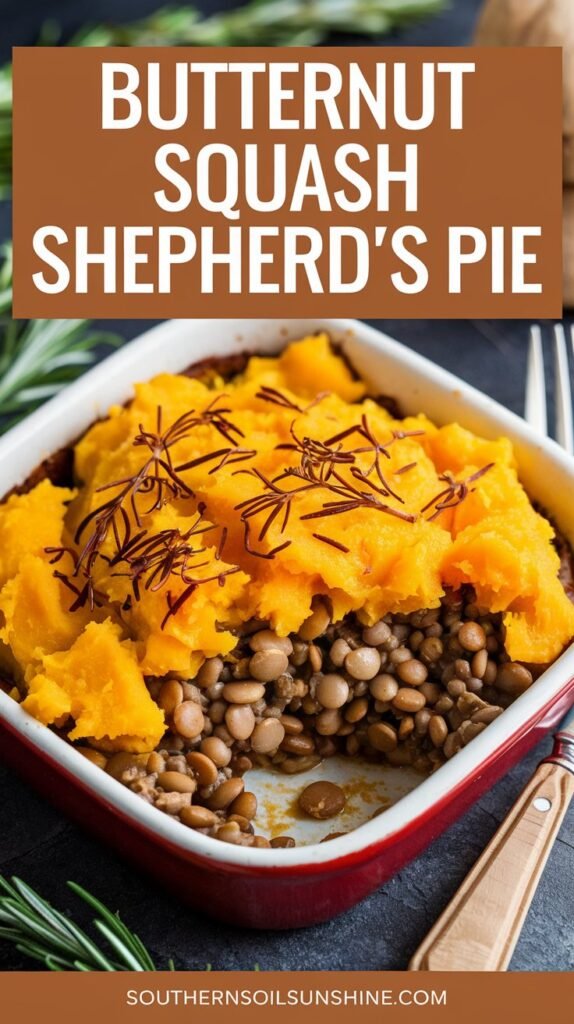 Lentil shepherd’s pie topped with mashed butternut squash in a small baking dish.