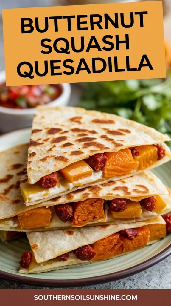 Crispy quesadilla filled with roasted butternut squash, chorizo, and melted cheese.