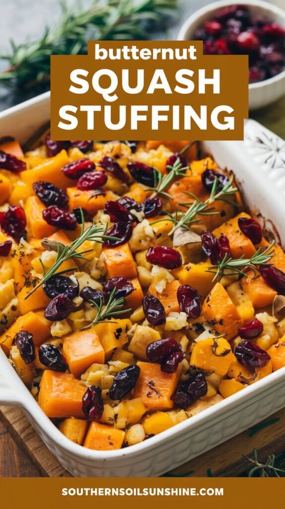 Stuffing with roasted butternut squash, cranberries, and fresh herbs in a white dish.