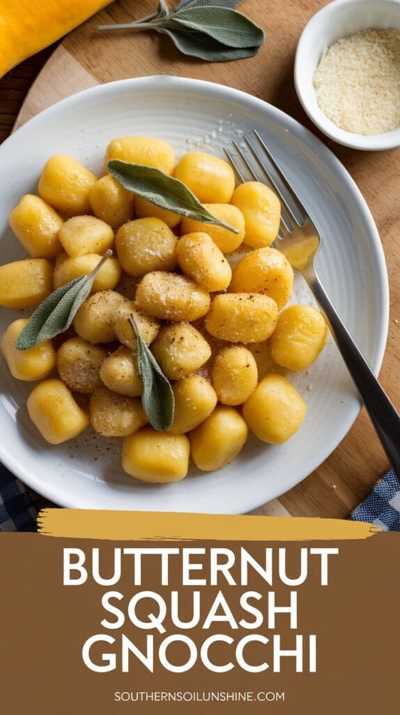 Golden-brown butternut squash gnocchi with brown butter and sage on a white plate.